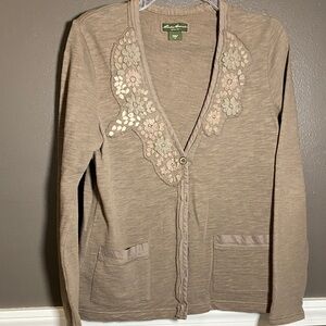 Eddie Bauer Floral Embellished Brown Cardigan